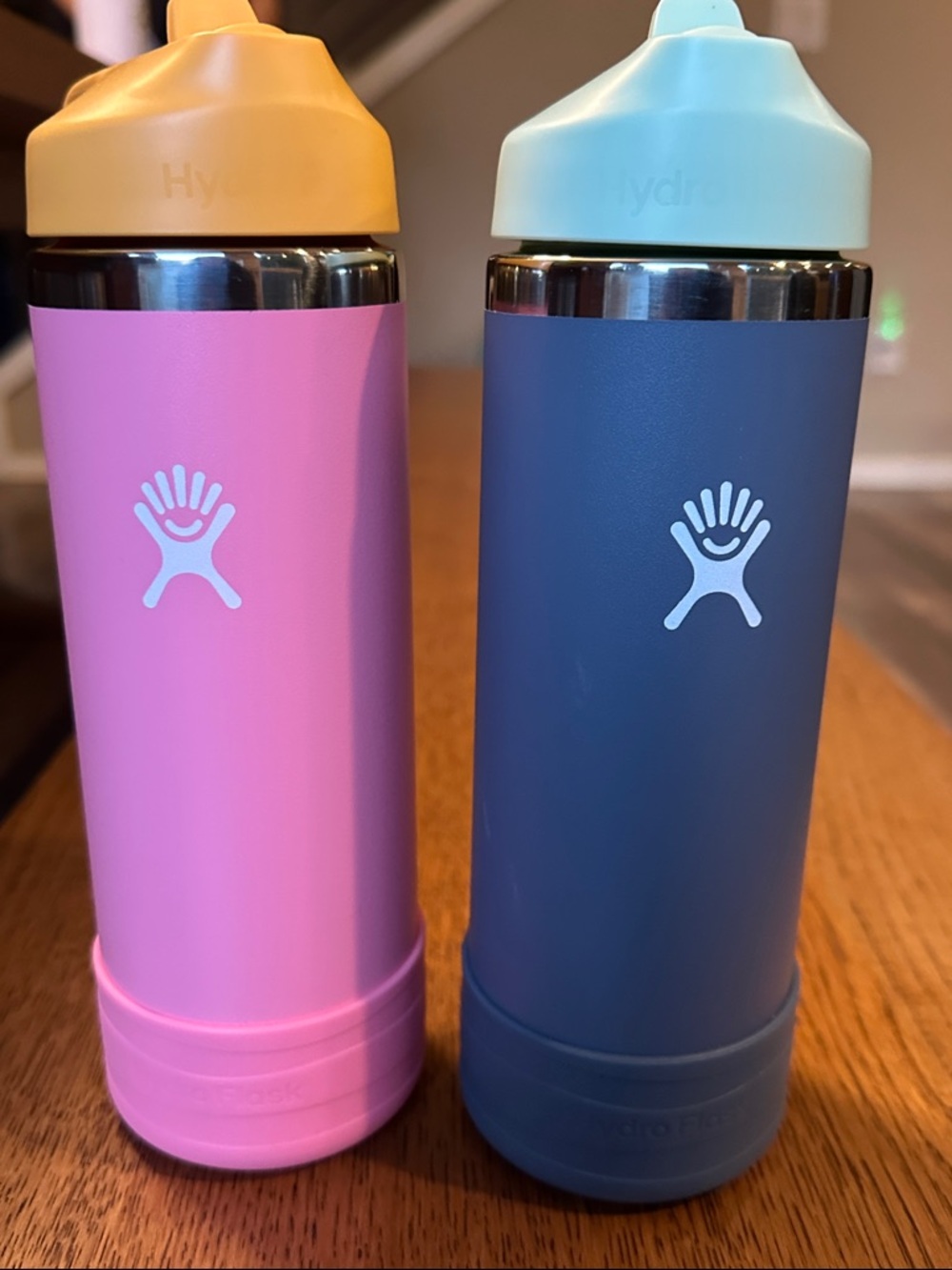 Hydro Flask Pink & Navy Kids Straw Bottles with Yellow and Light Blue Caps